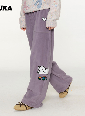GUUKA小狗抗菌直筒裤抗静电阔腿裤 matsui联名摇粒绒紫色裤子女冬