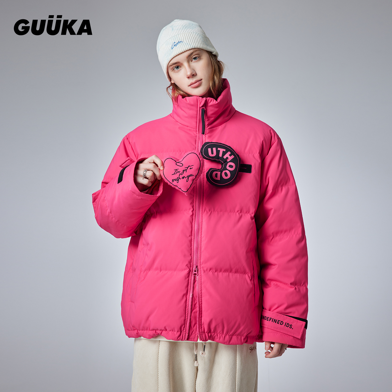 GUUKA青少年爱心魔术贴外套宽松 美式潮牌粉红色立领羽绒服男冬季