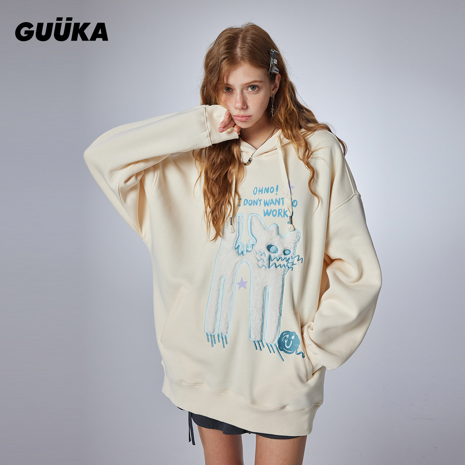 tf家族陈思罕同款GUUKA情侣装猫咪绒感连帽衫宽松 奶黄色慵懒卫衣