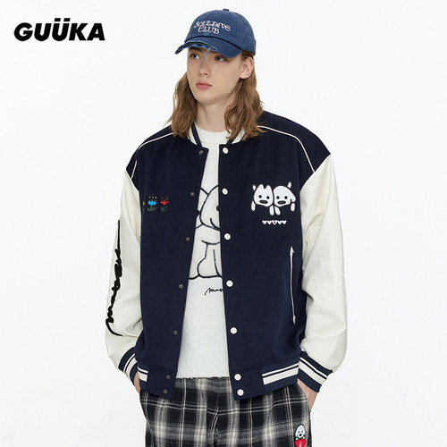 GUUKA美式夹克拼接PU皮落肩外套 潮牌联名小狗刺绣新款棒球服男