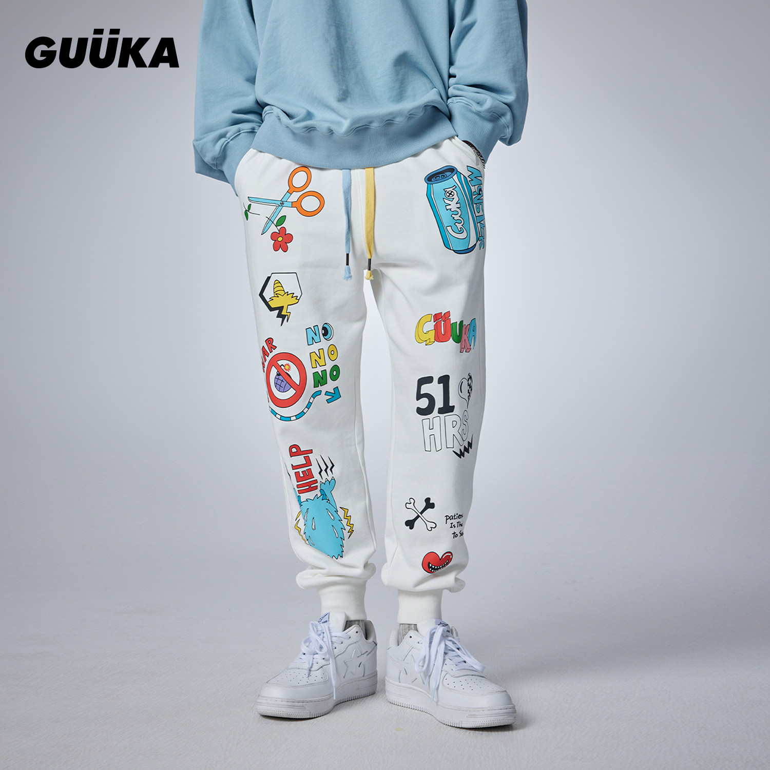 GUUKA青少年撞色抽绳束脚裤宽松 潮牌白色小怪兽印花重磅卫裤男秋