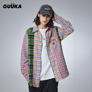 男春秋季 GUUKA复古怀旧衬衣外套宽松CBC街舞联名撞色格子长袖 衬衫
