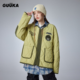 罗云熙同款GUUKA轻薄小棉袄拼接外套宽松 潮牌绿色保暖内胆棉衣女