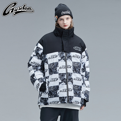 GUUKA潮牌棋盘格羽绒服女 新款嘻哈印花加厚面包服羽绒外套宽松