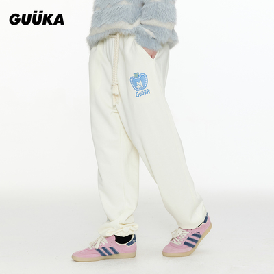 GUUKA加绒束脚裤可拆卸腰带堆堆裤子 潮牌苹果刺绣重磅纯棉卫裤男