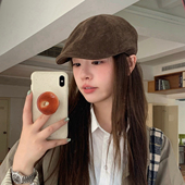 丁走走2026新款 文艺贝雷帽画家帽子 英伦复古皮质棕色前进帽女秋季