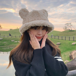 丁走走可爱小熊耳朵毛绒绒显脸小渔夫帽子女秋冬保暖大头围盆帽潮