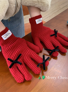 Jennie同款蝴蝶结针织圣诞红色手套冬季保暖露指五指手套可玩手机