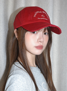 赵露思同款显白红色棒球帽子女磨破时尚宽檐显脸小纯棉鸭舌帽遮阳