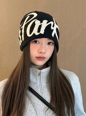 双面戴！字母显脸小针织帽女秋冬护耳保暖大头围冷帽百搭毛线帽子