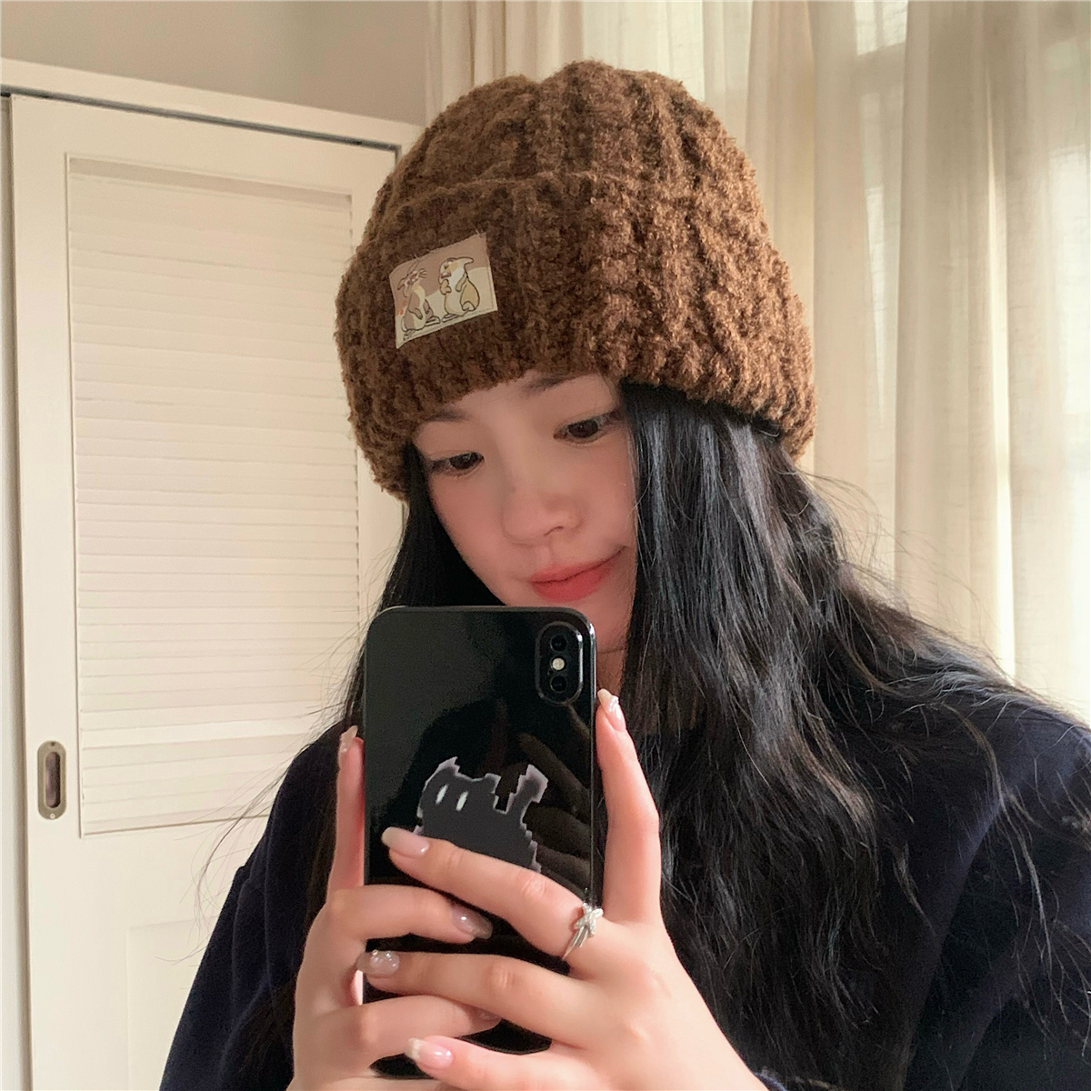 软萌可爱兔子贴布针织帽大头围