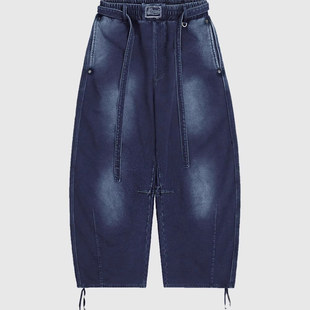 badblood朴敏珠Minju同款复古做旧牛仔色阔腿裤辣妹宽松弯刀裤