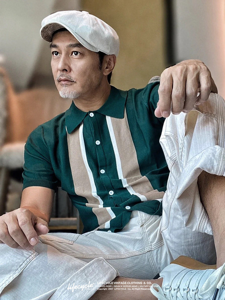 LIFECYCLE 니트 라펠 폴로 반팔 가디건 아메리칸 레트로 남성 컬러 블록 티셔츠 아미 카키 여름