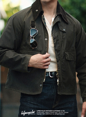 LifeCycle复古防水油蜡布Spey钓鱼夹克巴恩风翻领廓形猎装短外套