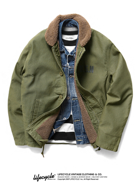 LifeCycle秋冬阿美咔叽复刻N1甲板夹克复古印花加绒翻领厚外套男