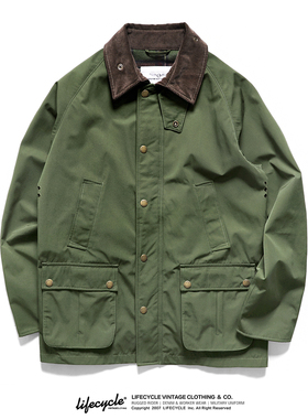 LifeCycle复刻BBR无蜡防水翻领风衣巴恩风复古猎装夹克工装外套男