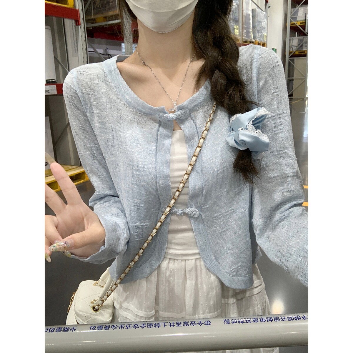 高级奶油蓝国风盘扣亚麻棉防晒针织开衫女夏秋假度风百搭防晒上衣