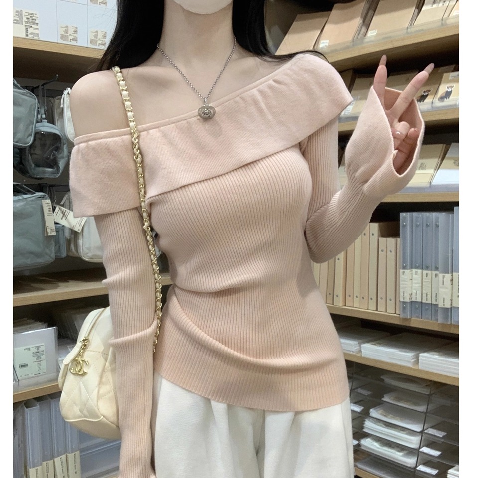 一字领荷叶边长袖针织衫上衣女