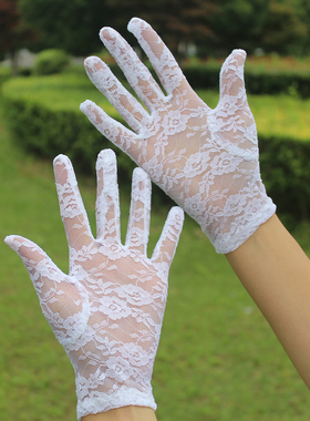 白色蕾丝女手套经典小花薄款短款弹力舞蹈礼仪开车穿搭黑丝婚礼夏