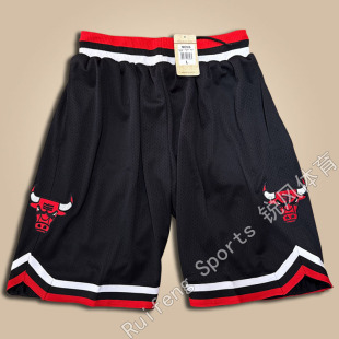 美版全刺绣MN公牛队黑色复古短裤网眼密绣篮球服球裤