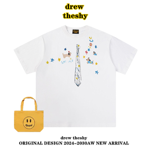 drew日系卡通小狗领带涂鸦印花短袖t恤男女款夏季纯棉ins情侣上衣