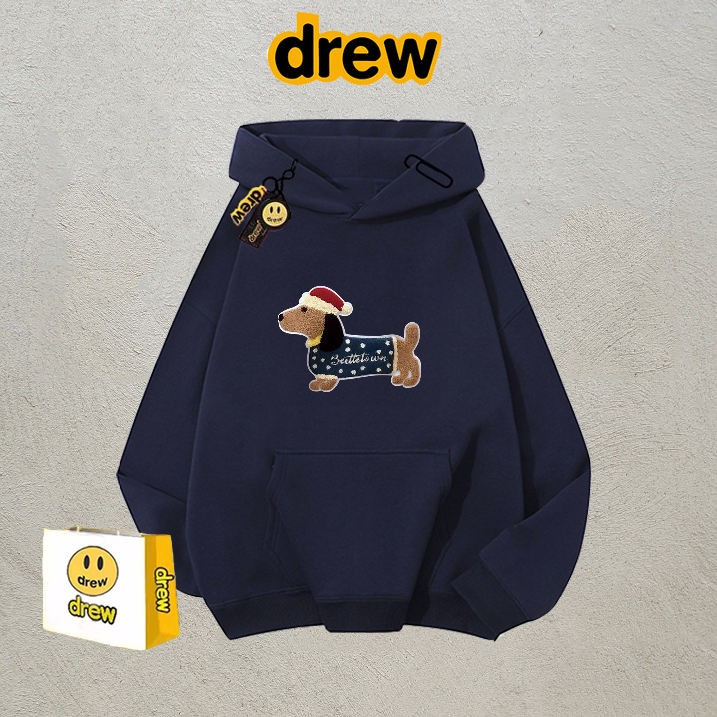 drew腊肠小狗印花连帽卫衣男女秋冬外套美式休闲趣味宽松情侣帽衫