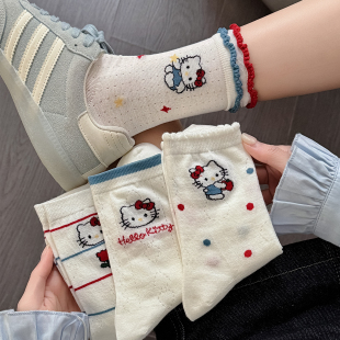 薄款 白色袜子女中筒袜春夏季 网眼凯蒂猫透气吸汗棉袜 起步韩袜