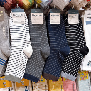 韩国代购东大门袜子男kikiya秋冬季条纹休闲棉袜百搭商务中筒男袜
