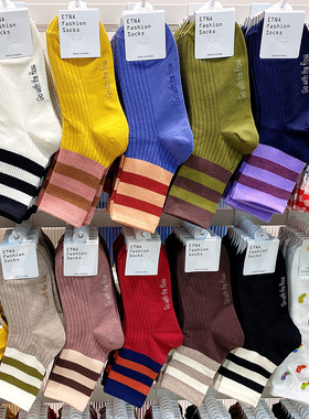 ETNA韩国东大门拼色螺纹条纹中筒袜时尚百搭秋季糖果色运动女袜子