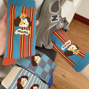 【起步韩袜】丑萌搞怪女孩袜子韩国卡通条纹方格ins潮中筒长棉袜