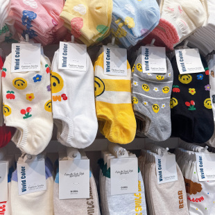 韩国进口袜子女春夏薄棉可爱卡通笑脸花朵笑脸短筒船袜