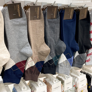 韩国进口男士 英伦风东大门透气中筒棉袜 方格菱形格短袜春秋基础款