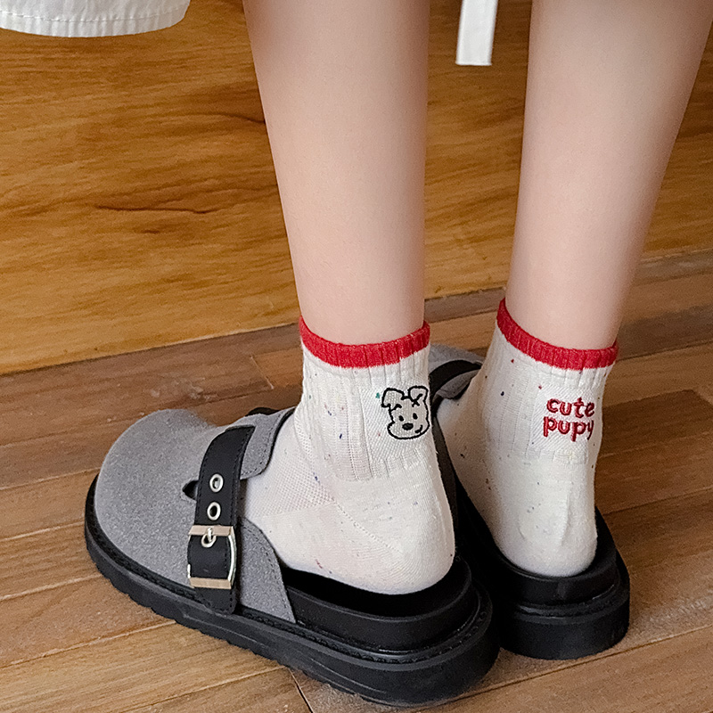 韩国吸汗女棉小狗刺绣短筒袜春夏