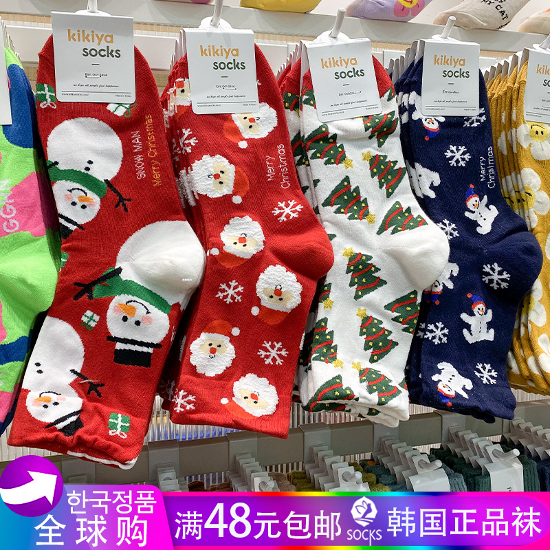 韩国进口kikiyasocks红色圣诞老人中筒棉袜东大门代购袜子女秋冬