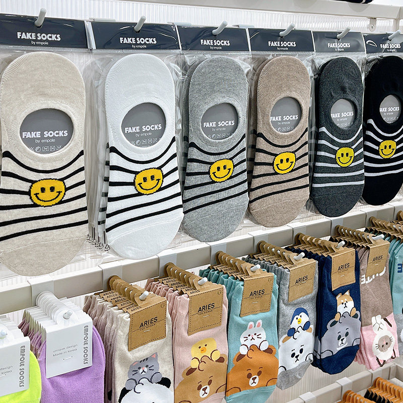 韩国东大门男袜EMPOLE卡通笑脸隐形袜套吸汗条纹浅口不掉跟船袜薄