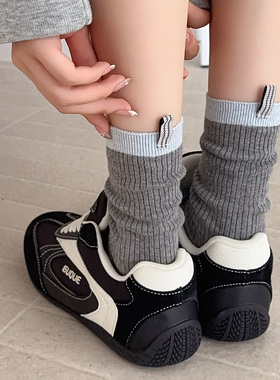 起步韩袜灰色袜子女韩版ins风秋冬新款坑条纹布标长袜堆堆中筒袜