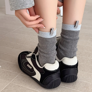 起步韩袜灰色袜子女韩版ins风秋冬新款坑条纹布标长袜堆堆中筒袜