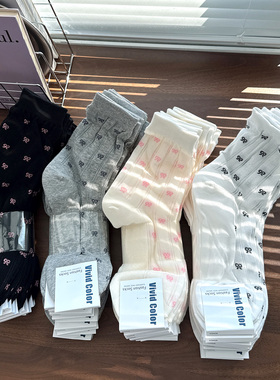 韩国进口东大门袜子女款春夏季薄款蝴蝶结棉袜黑白灰色中筒袜