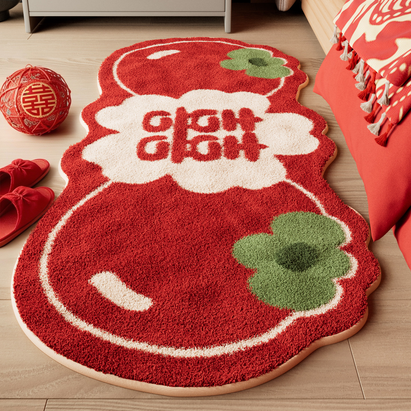 红色结婚床边地毯婚房布置喜字床前地垫卧室房间喜庆加厚毛绒脚垫,居家布艺,床边毯,淘宝优惠券,粉丝福利购,淘宝优惠卷