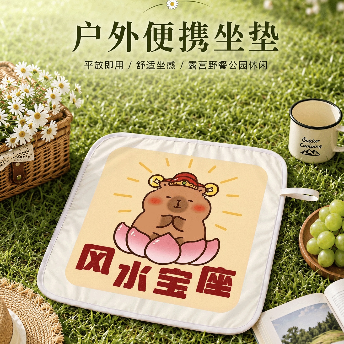 可折叠收纳野餐坐垫带挂绳户外露营公园草地防水防潮便携隔脏坐垫