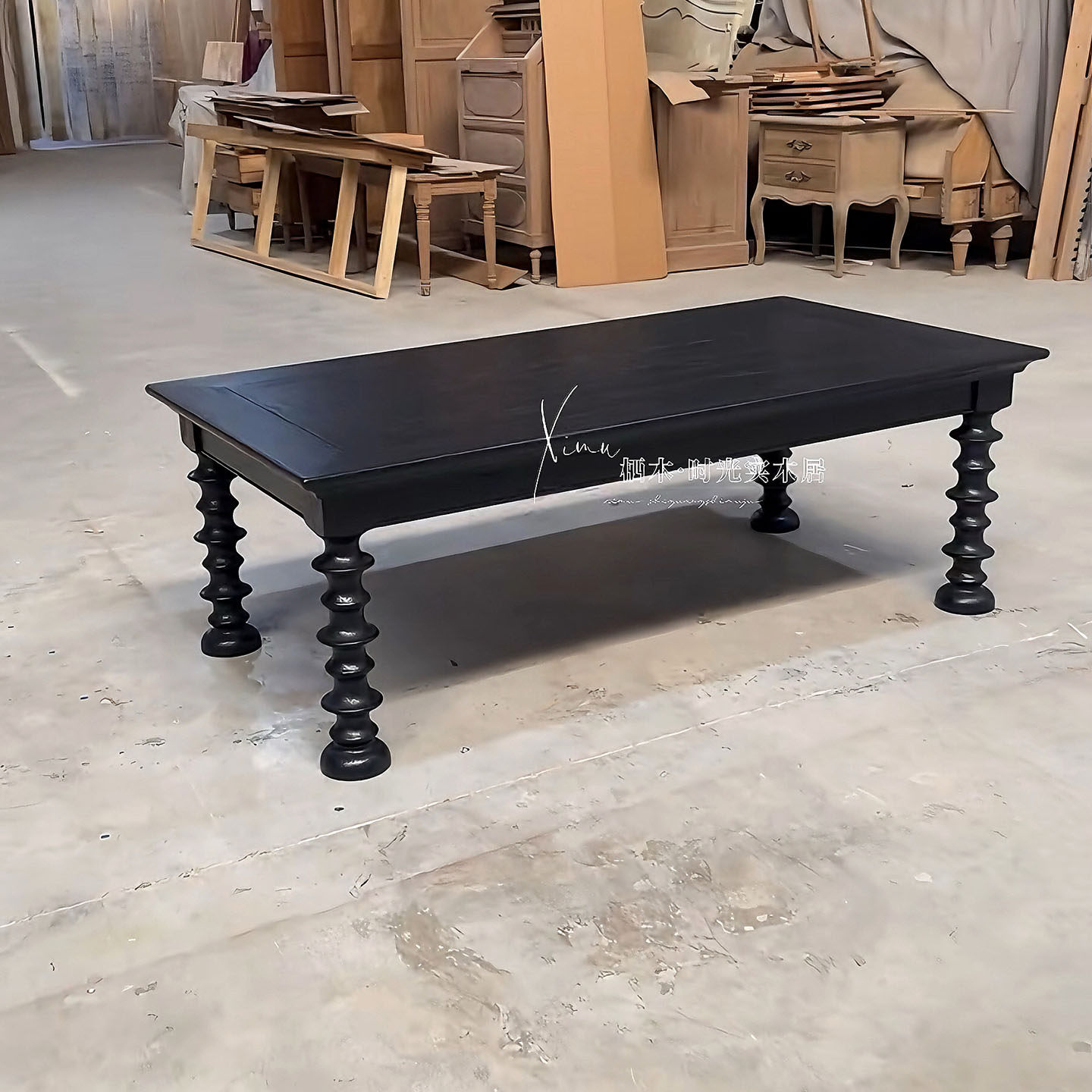 美式乡村实木茶几法式复古做旧客厅家用咖啡桌中古风轻奢黑色茶台