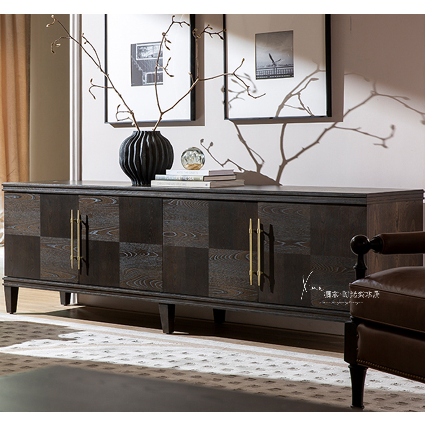 美式乡村实木电视柜中古风轻奢客厅靠墙储物柜收纳柜简约轻奢茶几