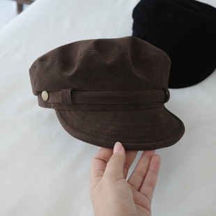 秋冬氛围感千禧Y2K复古风纯色麂皮绒面平顶军官帽 包邮