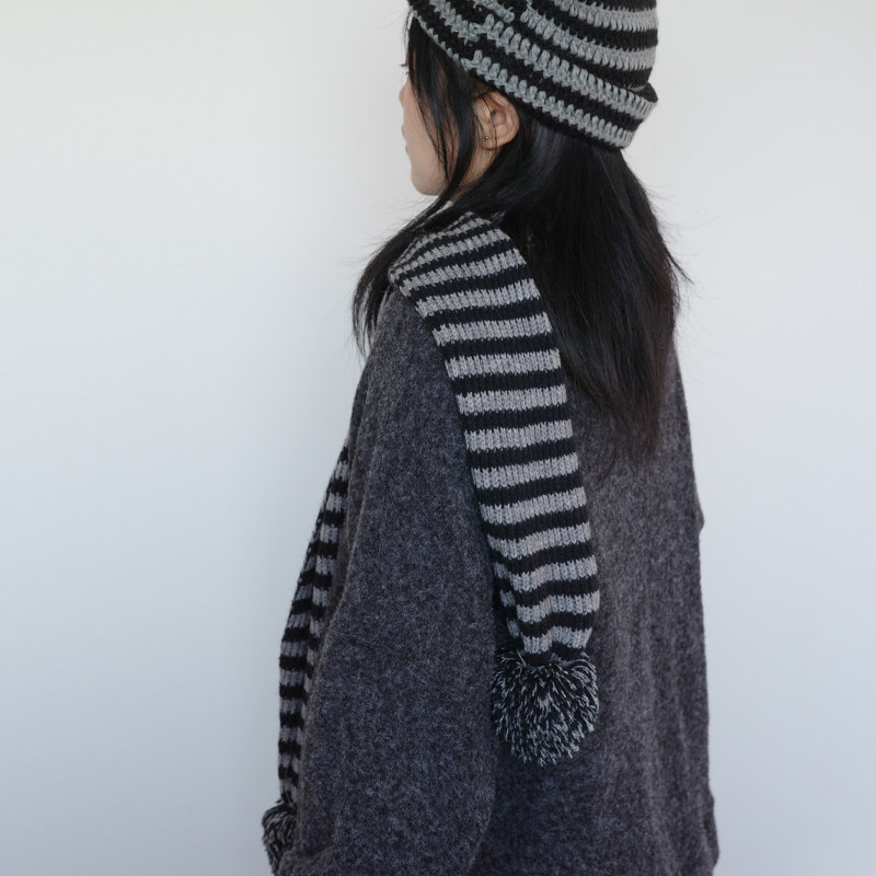 毛球球针织毛线条纹长条围巾围脖
