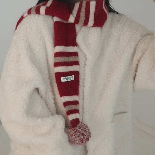 新年氛围感条纹不对称毛球小围巾