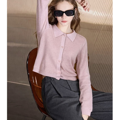 polo长袖单排扣亚麻淡粉针织开衫女2026早春新款洋气百搭时尚上衣