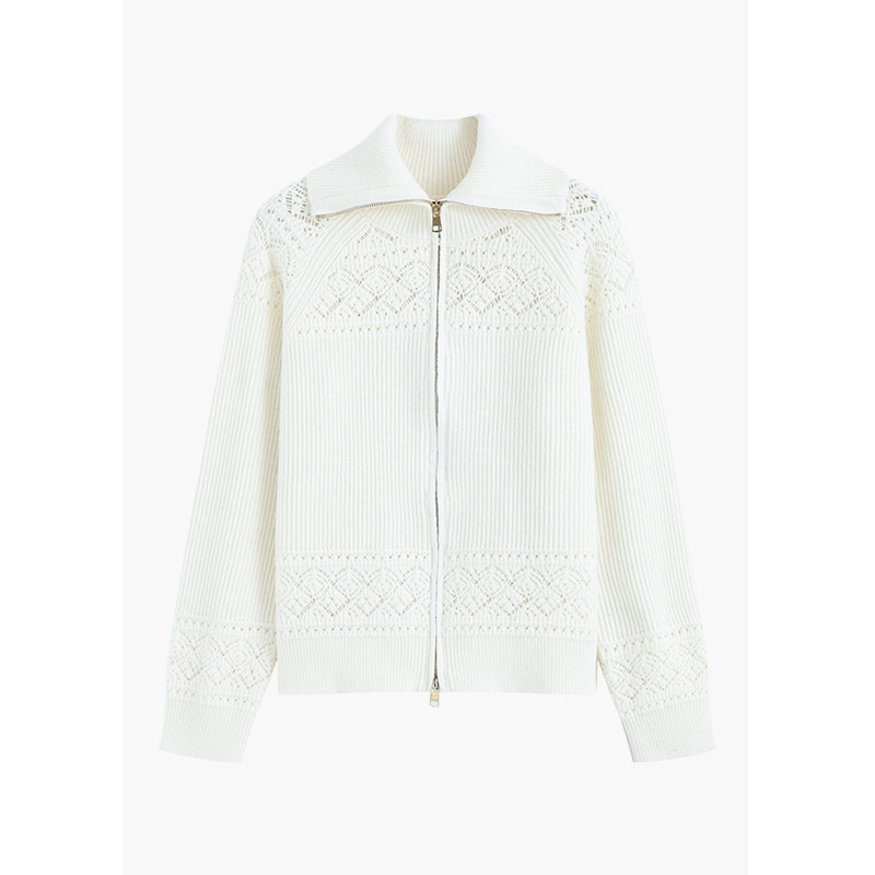 懒惰风翻领长袖镂空针织开衫女2025秋冬新款时尚双拉链绵羊毛上衣