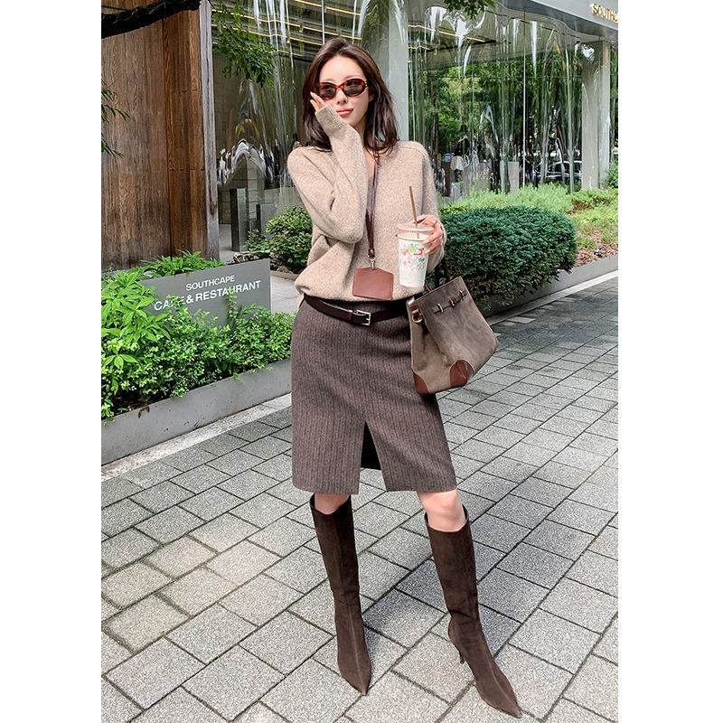 2025秋冬新款高腰显瘦针织半身裙女设计感毛呢前开叉直筒包臀中,女装/女士精品,半身裙,淘宝优惠券,粉丝福利购,淘宝优惠卷