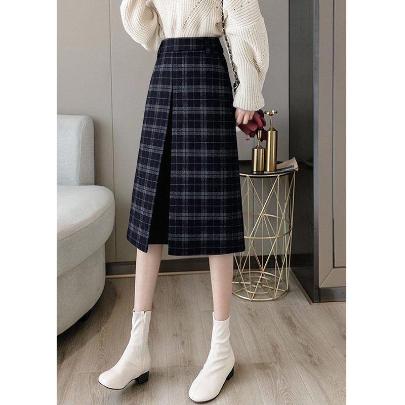 法式复古灰蓝格子半身裙女2025秋季新款前开叉高腰显瘦毛呢包臀