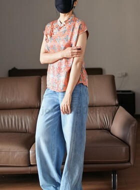 新中式立领短袖上衣女夏宽松显瘦印花气质百搭小衫L1421